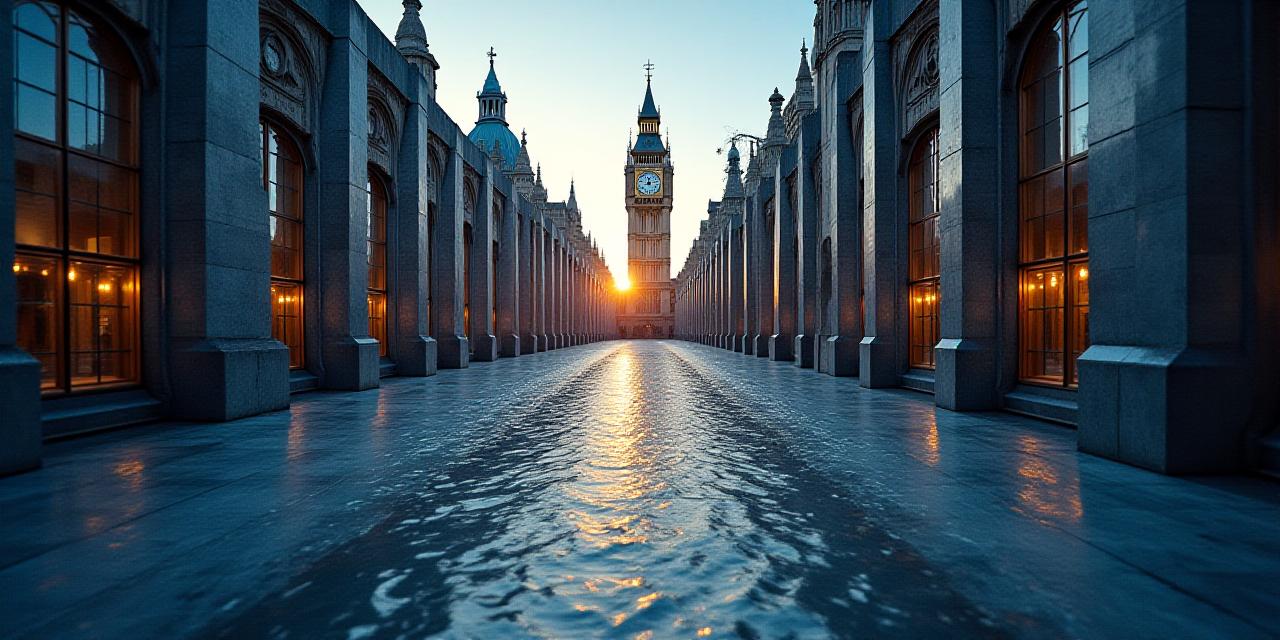 Abstract representation of a London court building and dynamic waves of change