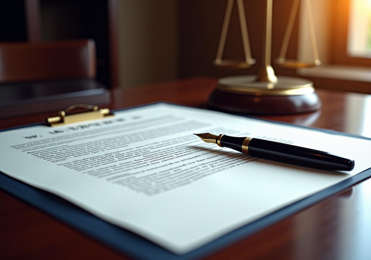 Close up of a fountain pen and a professional legal agreement on a mahogany desk